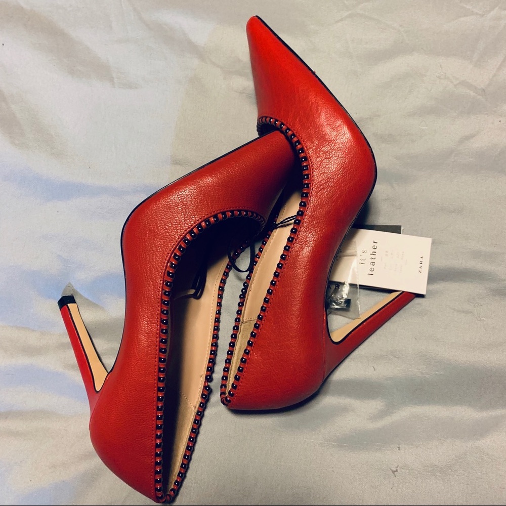 BLOGGERS FAVORITE ZARA BEADED RED LEATHER HEELS - Picture 6 of 7